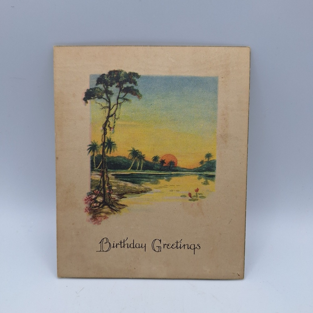 Antique Ephemera Birthday Greeting Card Tropical Sunset Palm Trees Paper Texture